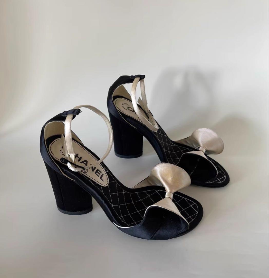 シャネルCHANEL リボン付きサンダル 中ヒール ブラック/アイボリー