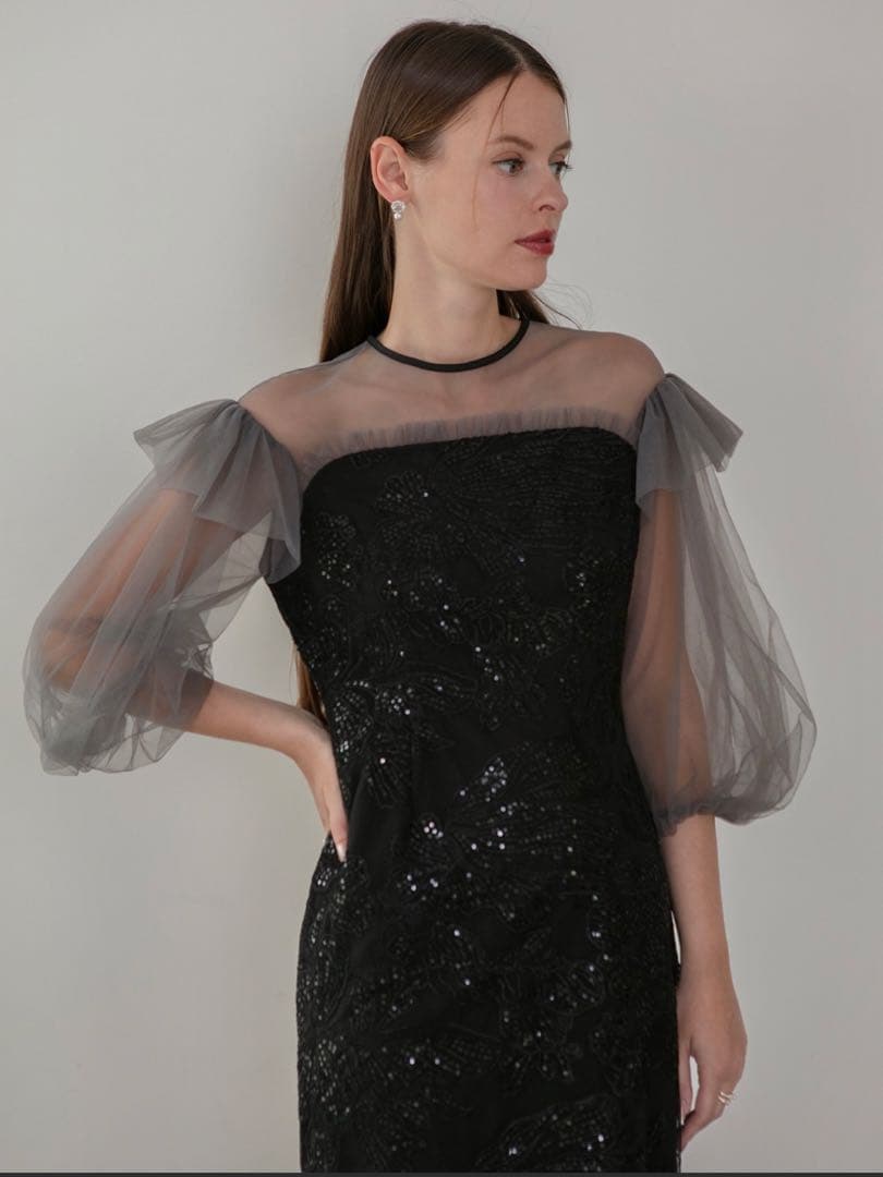 フラワースパンコールシアーフリルスリーブIラインワンピースドレス結婚式パーティー