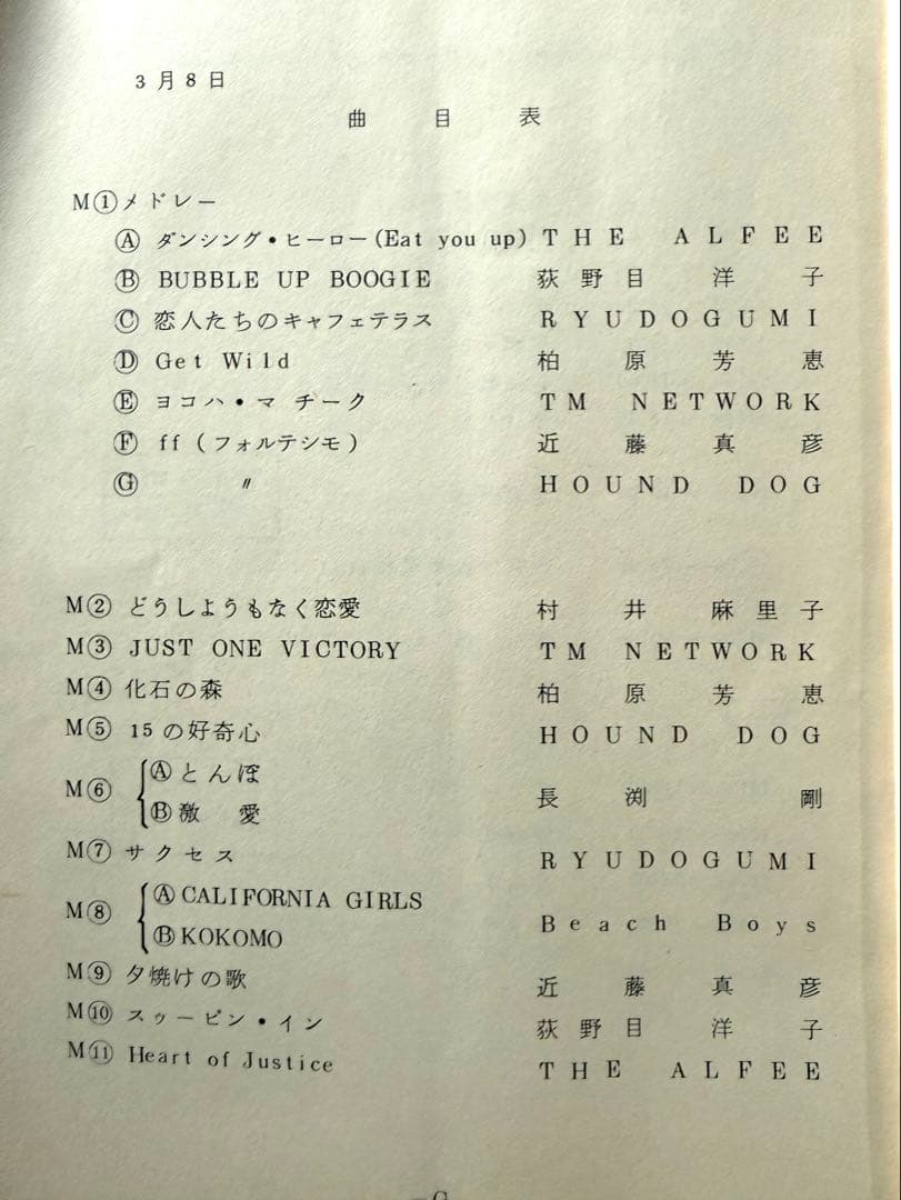 夜のヒットスタジオ台本1989/3/8 近藤真彦、ALFEE、長渕剛、柏原芳恵他