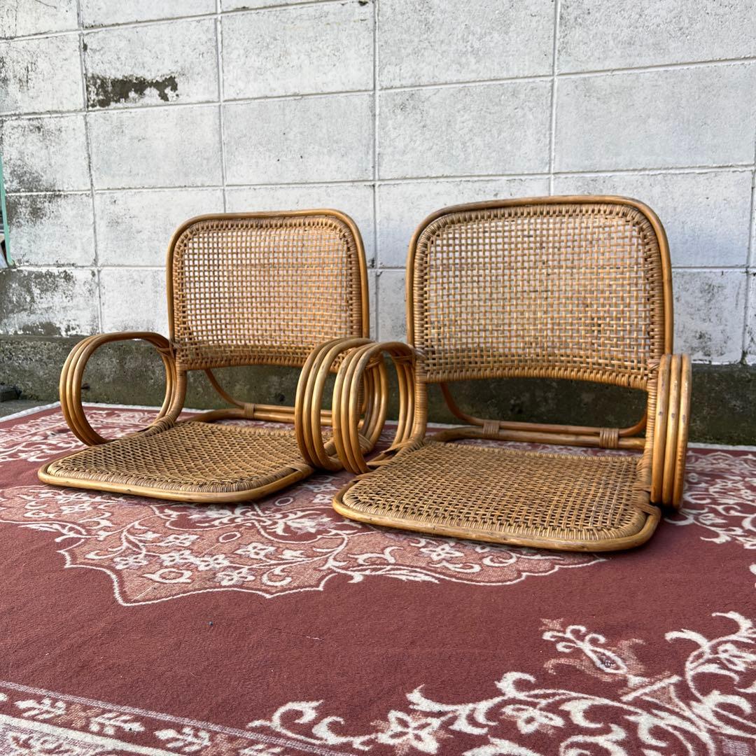 ビンテージ古家具◾️籐ラタン製 肘掛け付き 座椅子 ラタン家具 ナチュラル天然素材