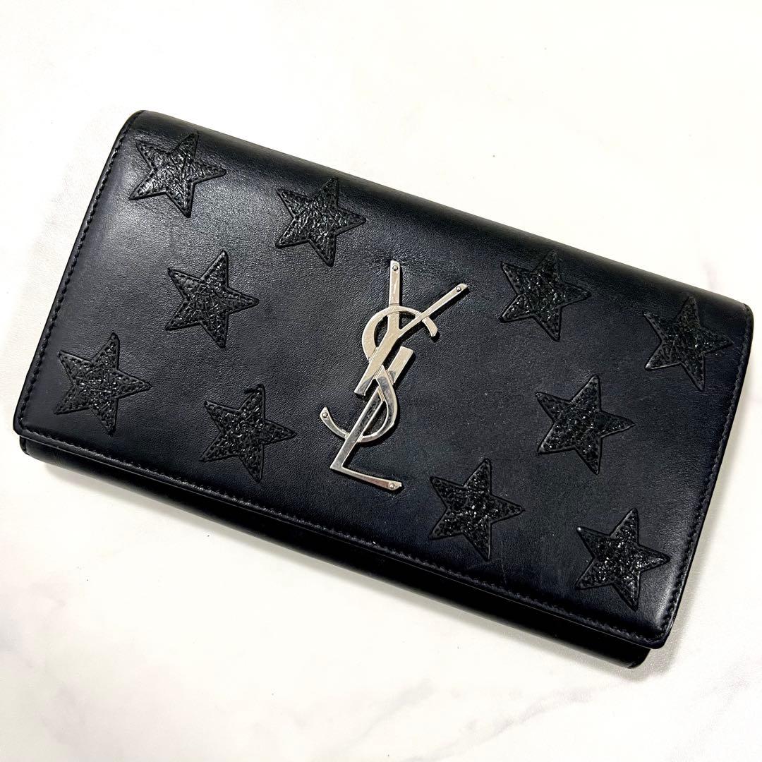 美品 Saint Laurent サンローラン 長財布 レザー 星 ロゴ金具 黒