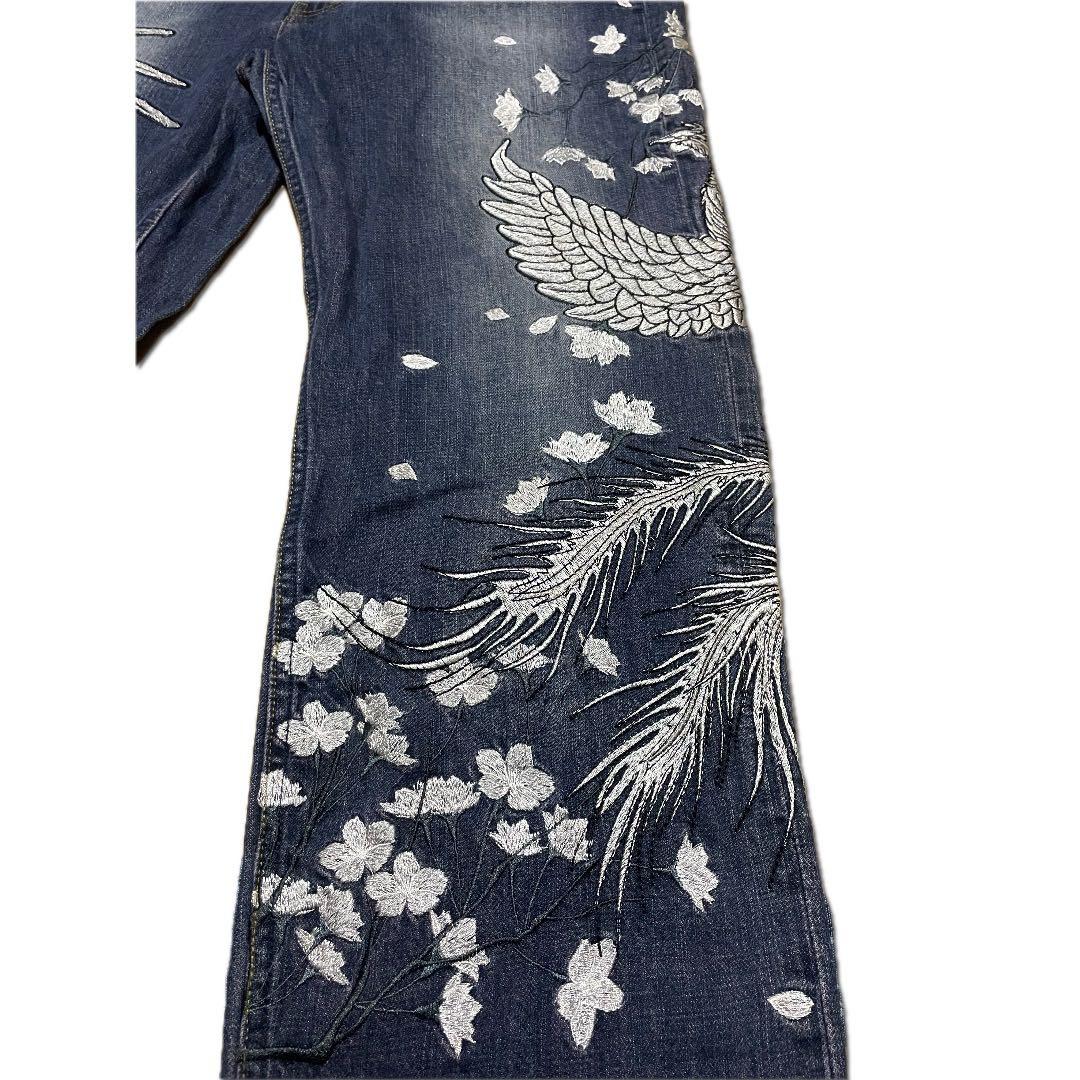 和柄　絡繰魂　鳳凰　刺繍デザイン ワイドレッグデニム　34インチ