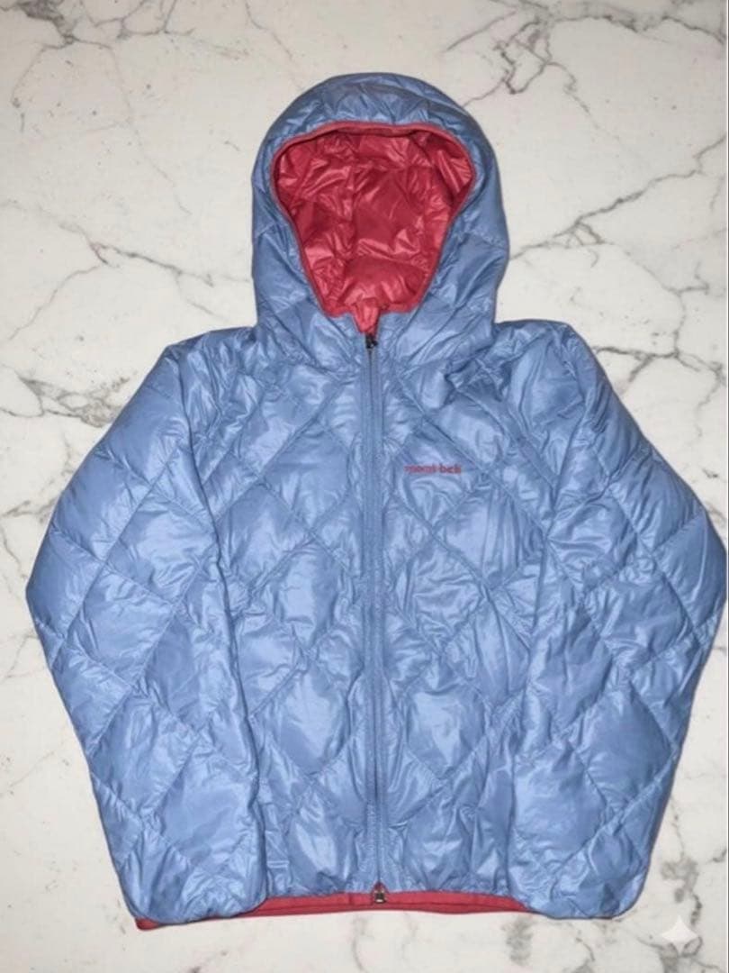 mont-bell ダウンジャケット キルティング　リバーシブル　水色/赤　光沢