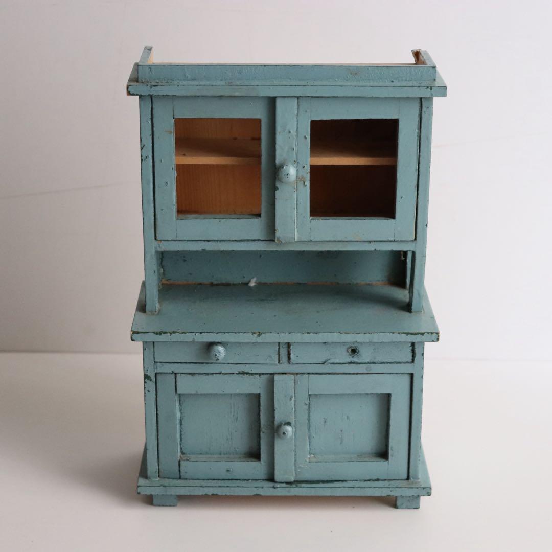 アンティーク　ドールハウス　食器棚　キャビネット　くすみブルー　ミニチュア家具