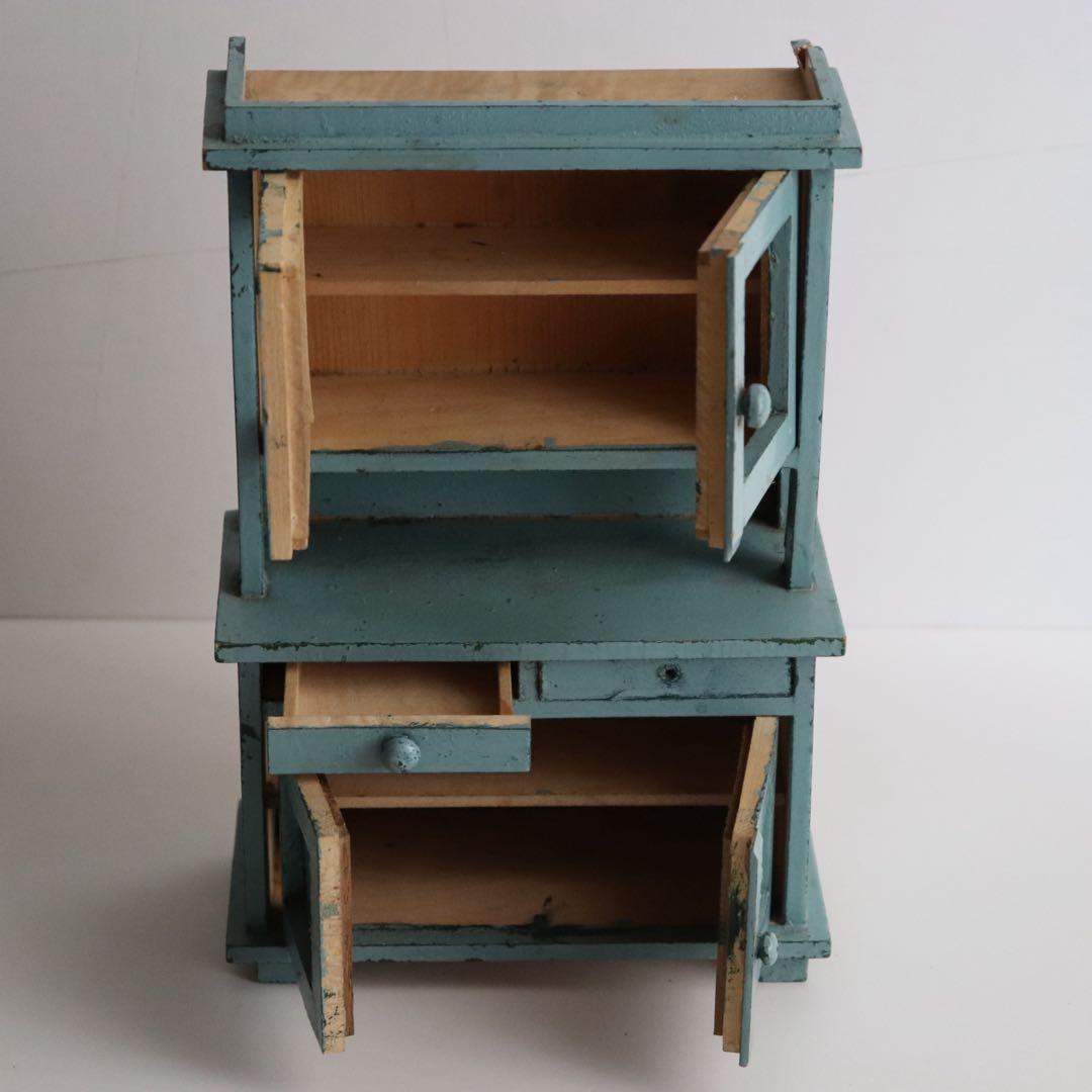 アンティーク　ドールハウス　食器棚　キャビネット　くすみブルー　ミニチュア家具