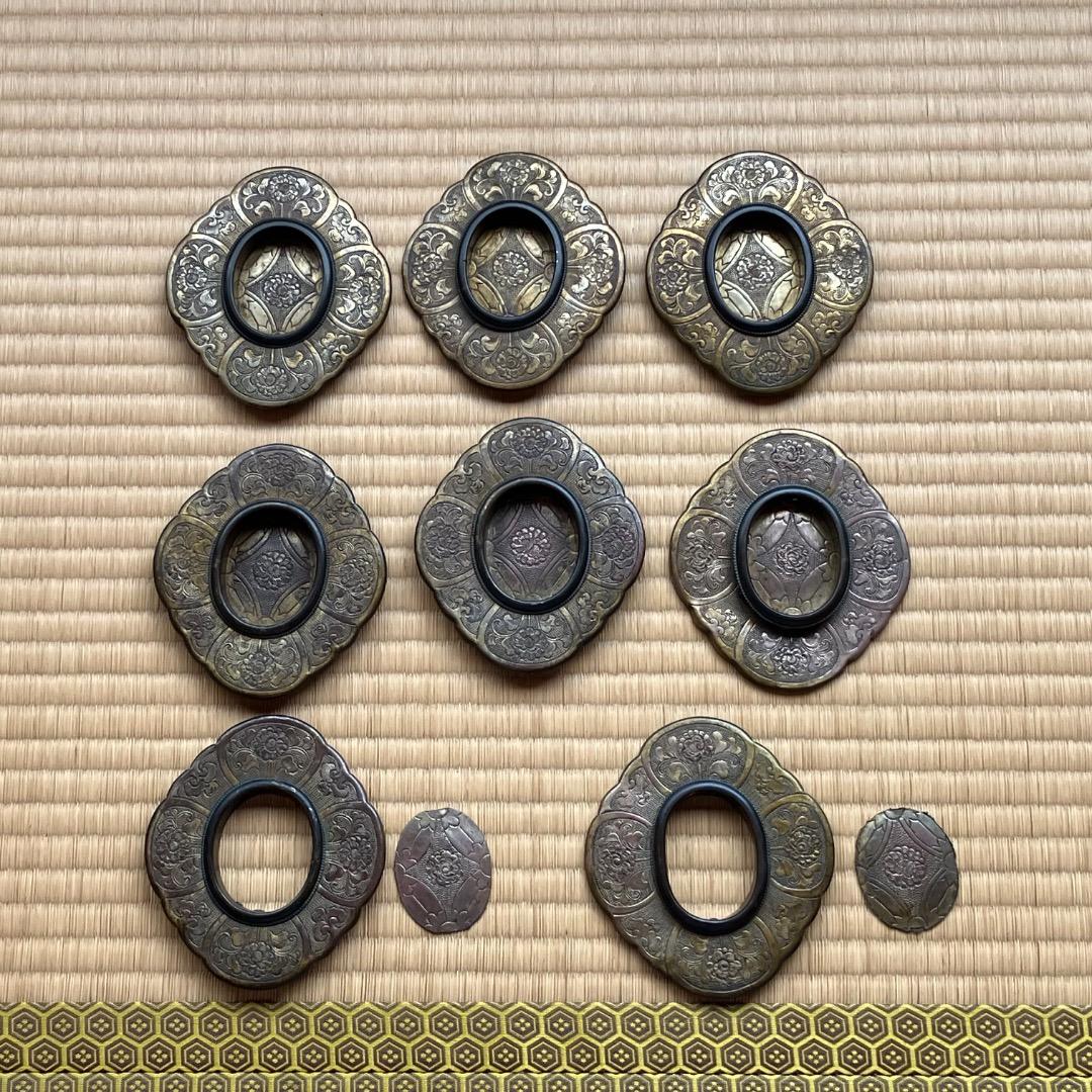 引き手金具 古美術品 御殿襖引き手 古銅 計8枚(毛彫4対)