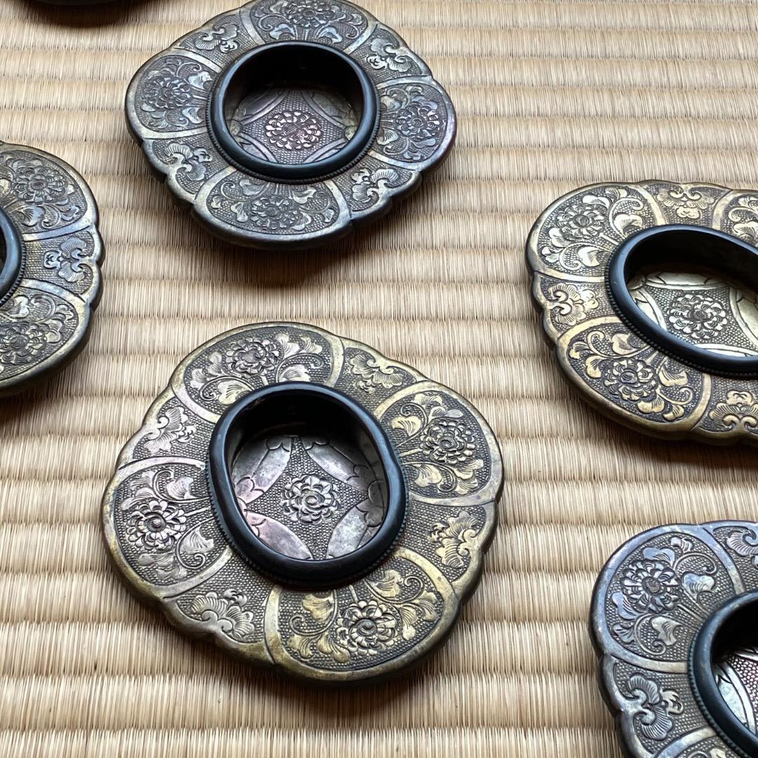 引き手金具 古美術品 御殿襖引き手 古銅 計8枚(毛彫4対)