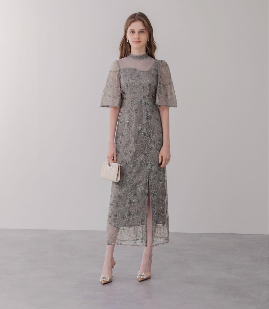Leja 花柄刺繍スパンコールベロアスリットIラインドレスワンピース