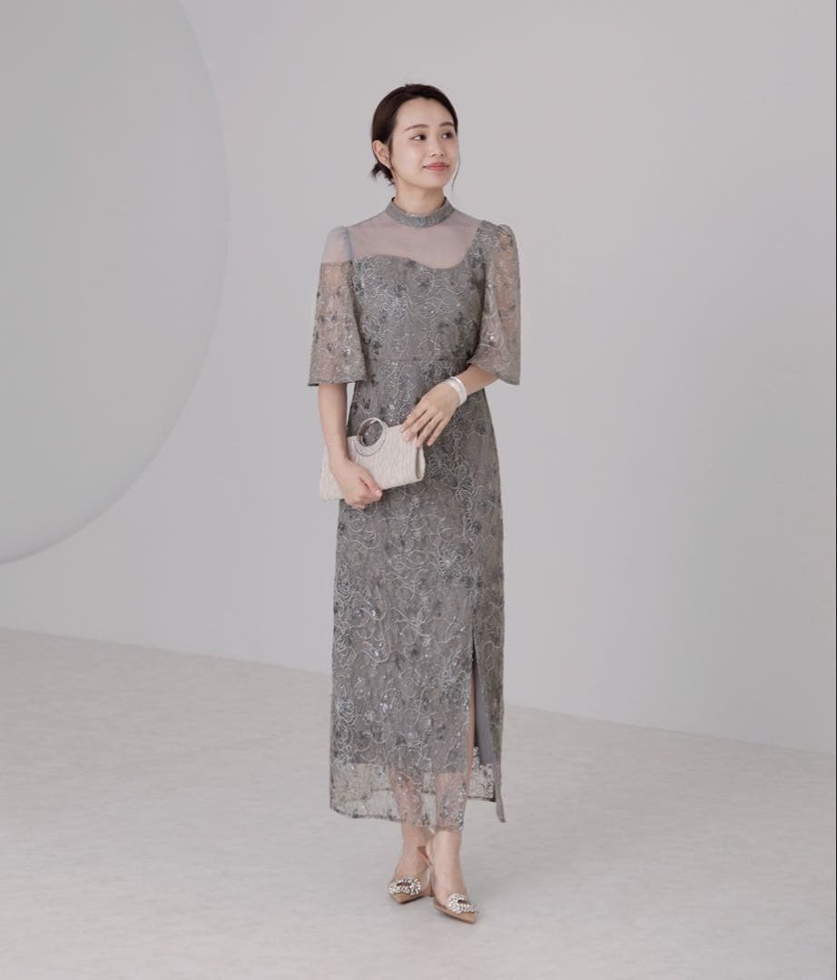 Leja 花柄刺繍スパンコールベロアスリットIラインドレスワンピース