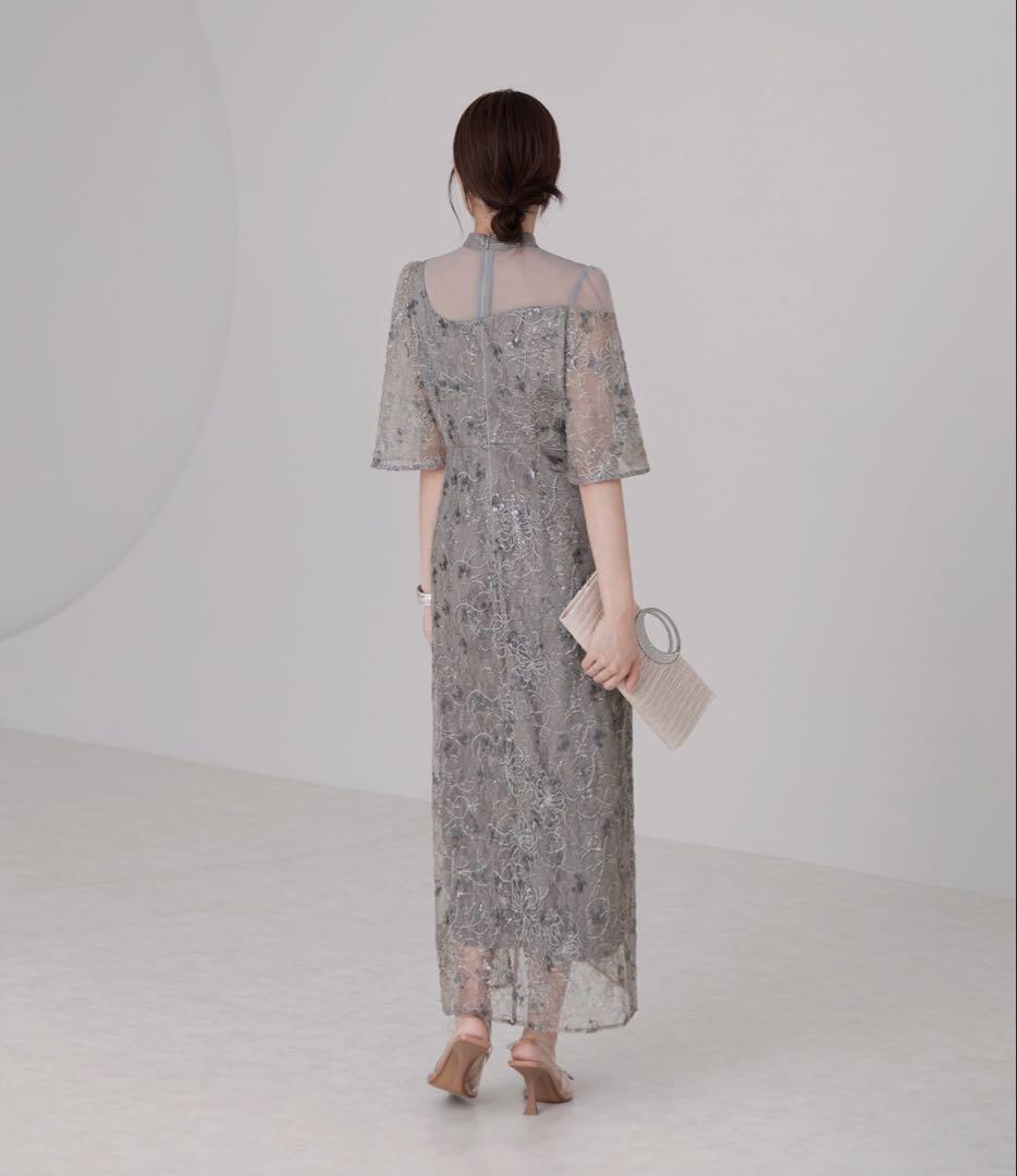 Leja 花柄刺繍スパンコールベロアスリットIラインドレスワンピース