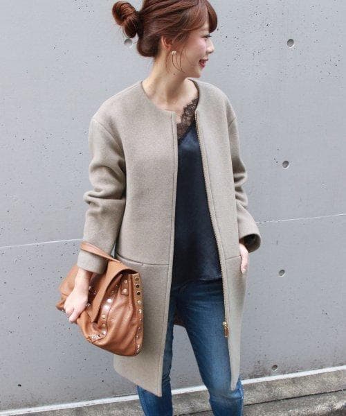 ★美品★ Noble ノーブル W/Ny ZIP ノーカラーコート