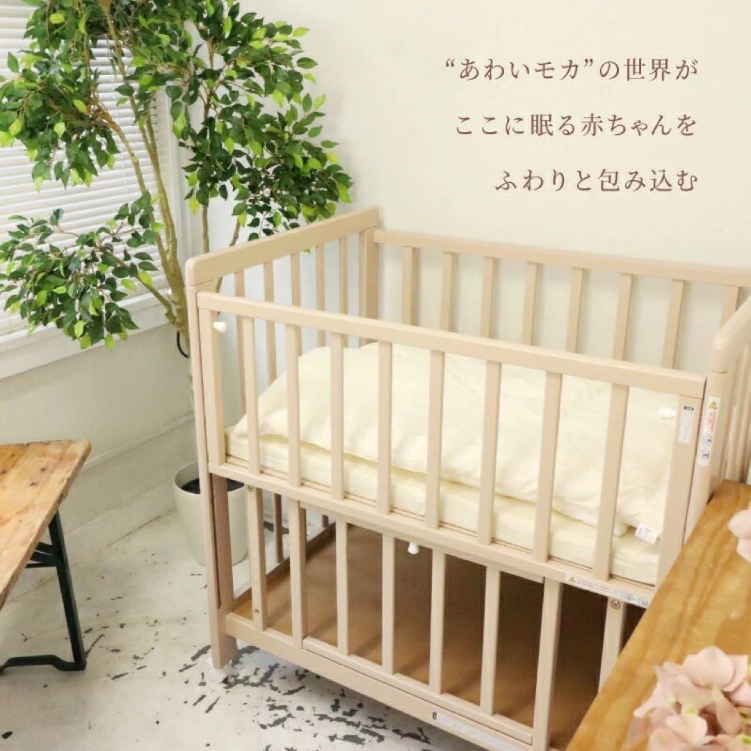 【国産】ミニベビーベッド あわイロ 木製　棚板　収納　スライド　敷きふとん付