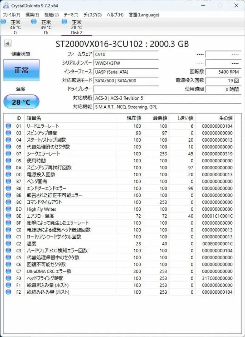 Seagate シーゲート SkyHawk 2TB HDD 使用時間=0時間