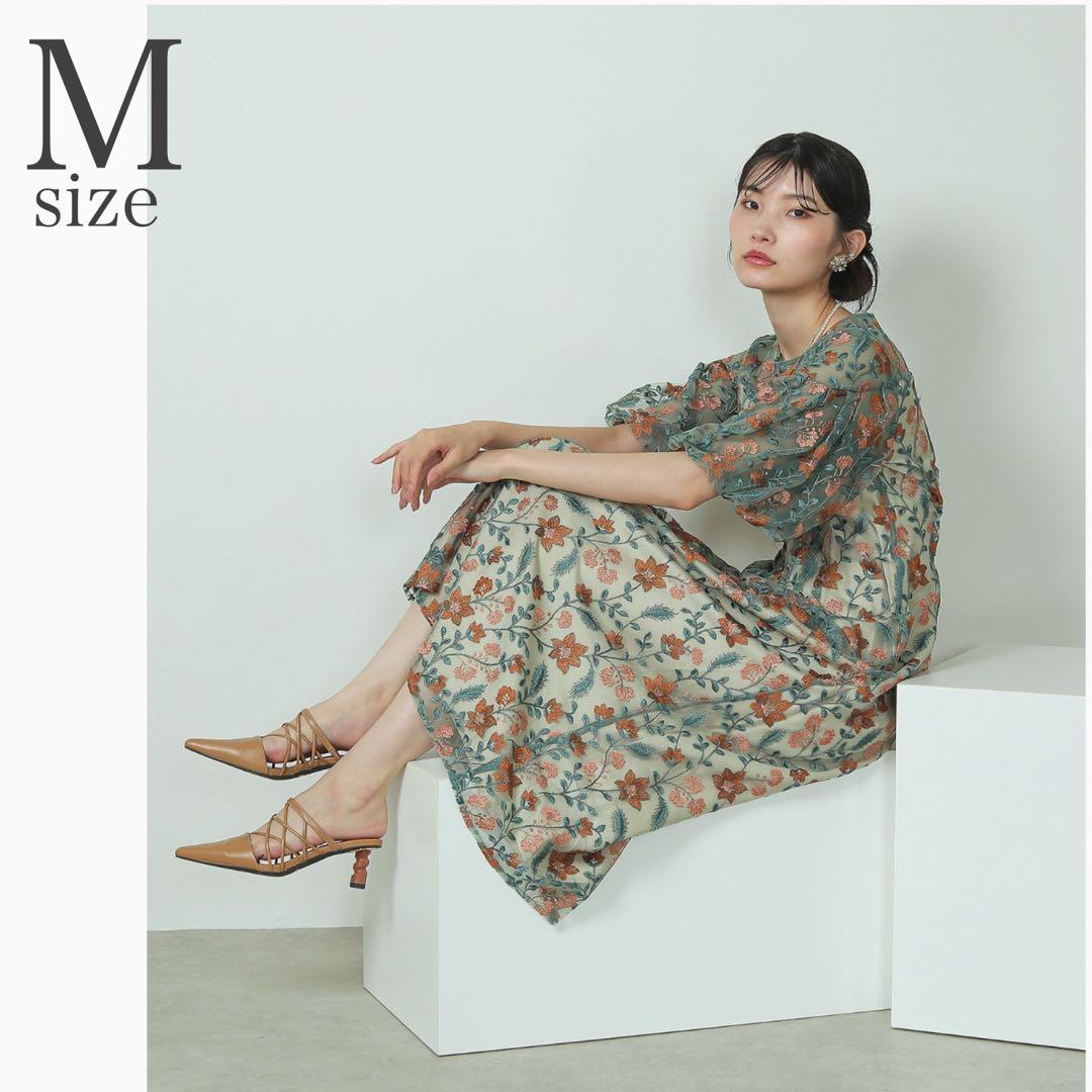 Mサイズ　パフスリーブ フラワー刺繍 フェミニン パーティー ドレス