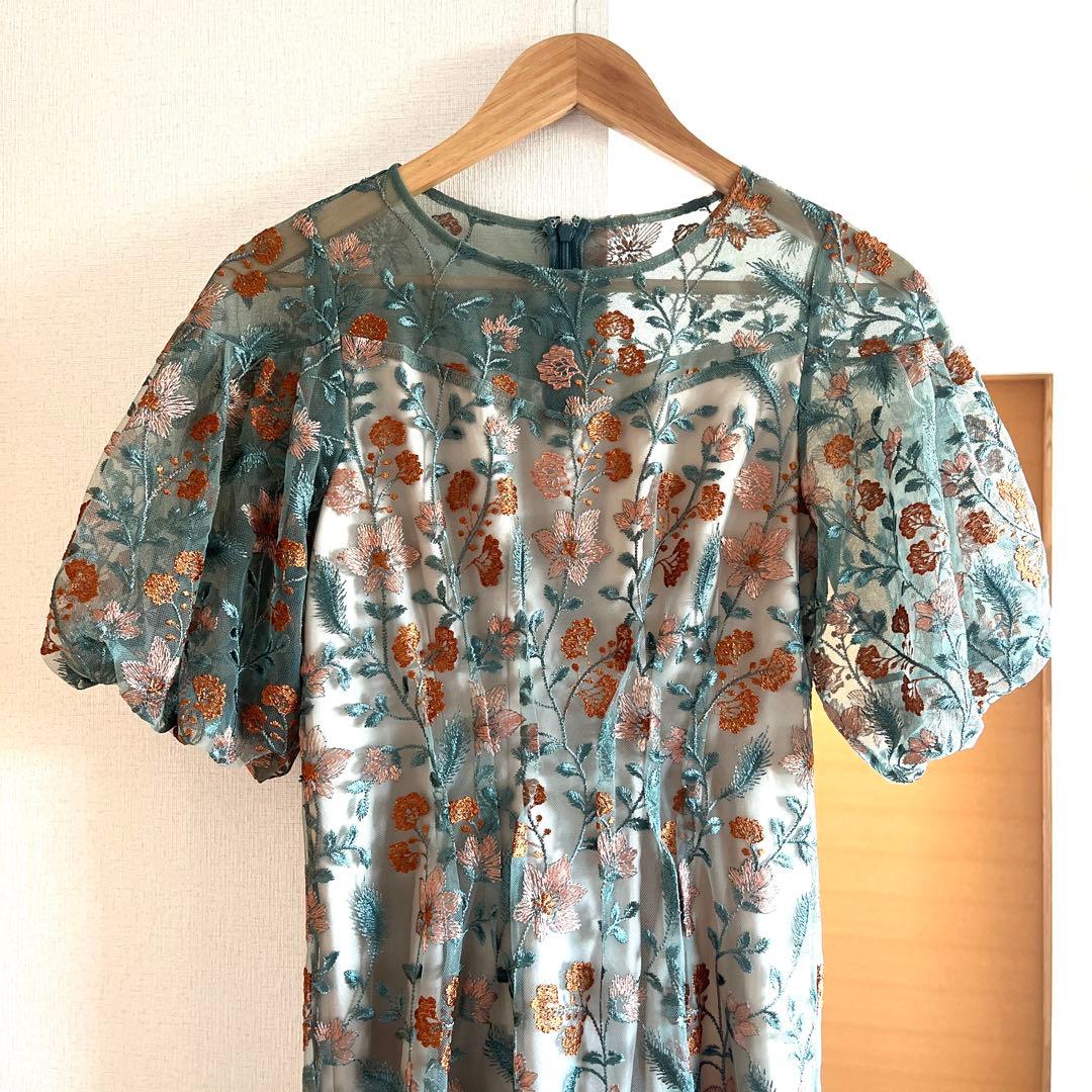 Mサイズ　パフスリーブ フラワー刺繍 フェミニン パーティー ドレス