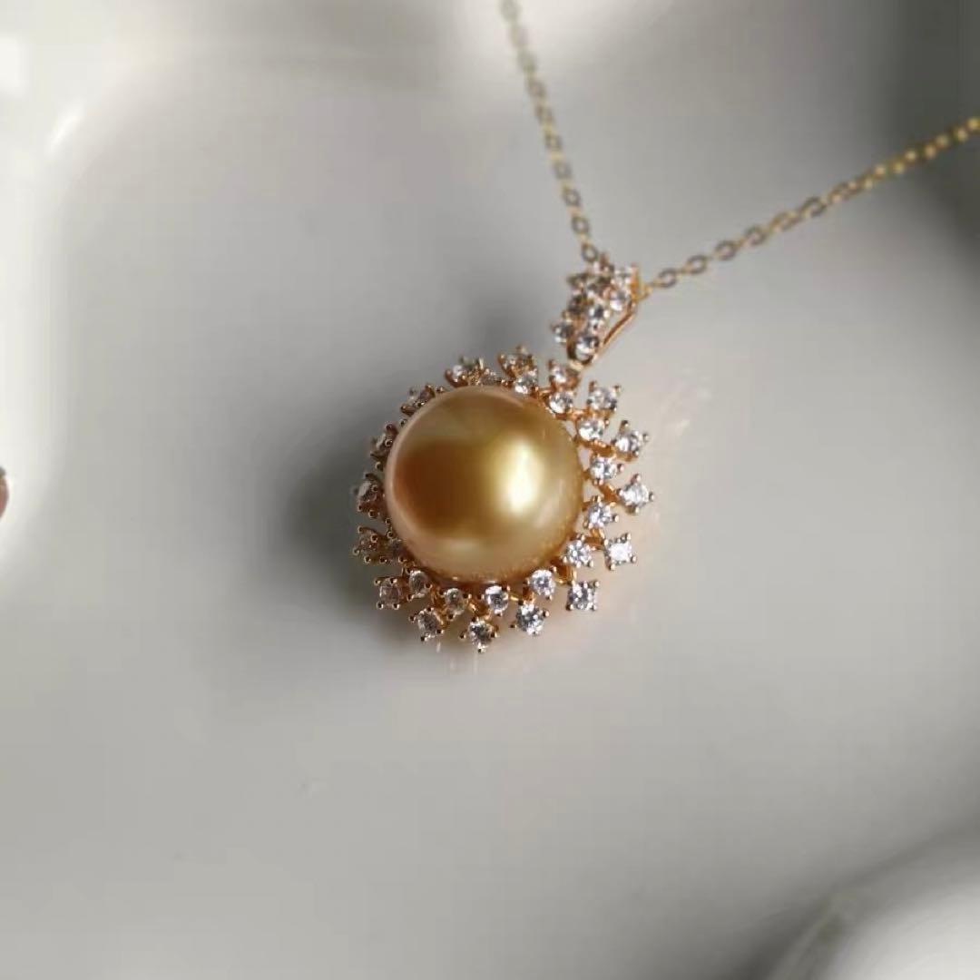 13〜14mm天然南洋ゴールドパールネックレス　上品な輝きの大粒真珠ペンダント