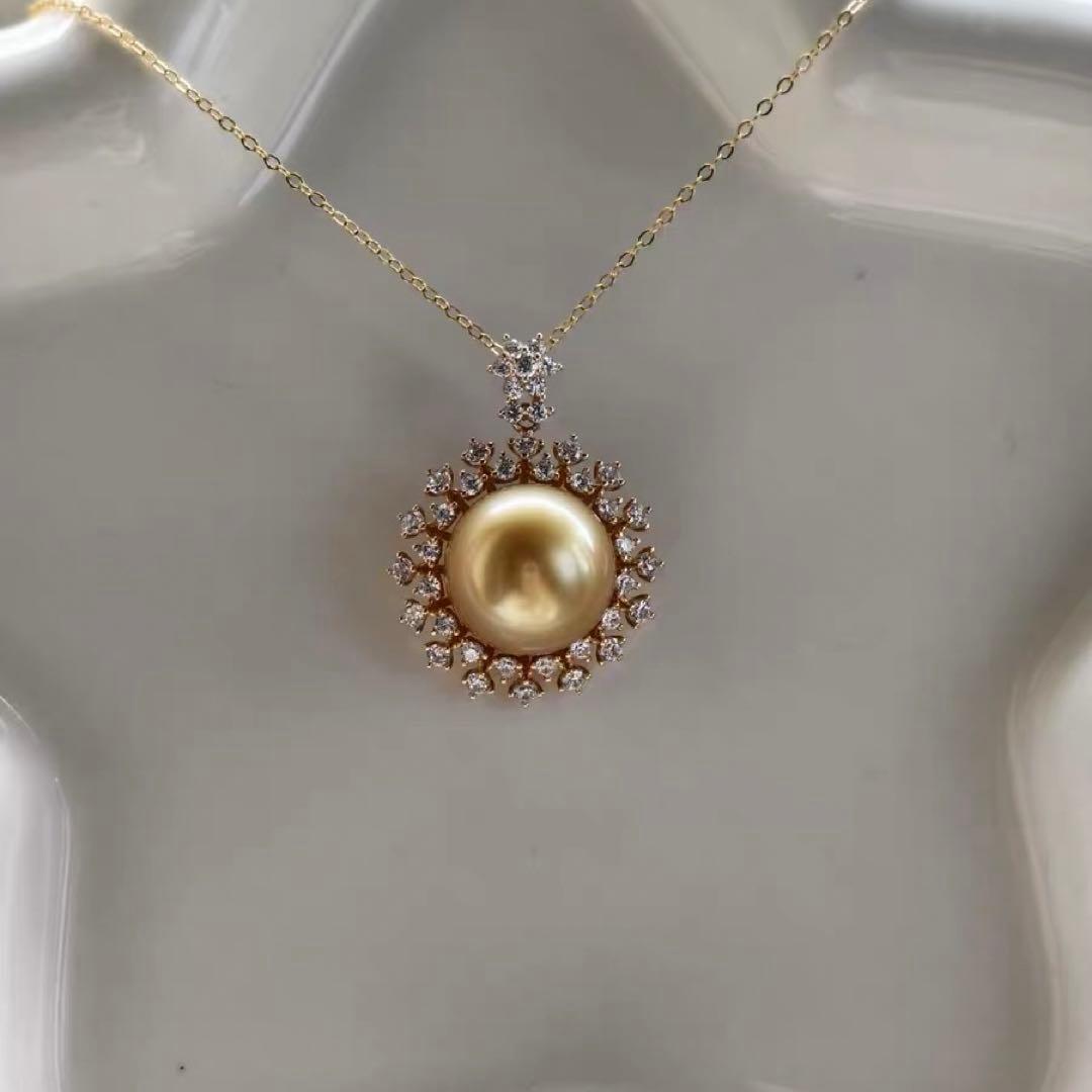 13〜14mm天然南洋ゴールドパールネックレス　上品な輝きの大粒真珠ペンダント