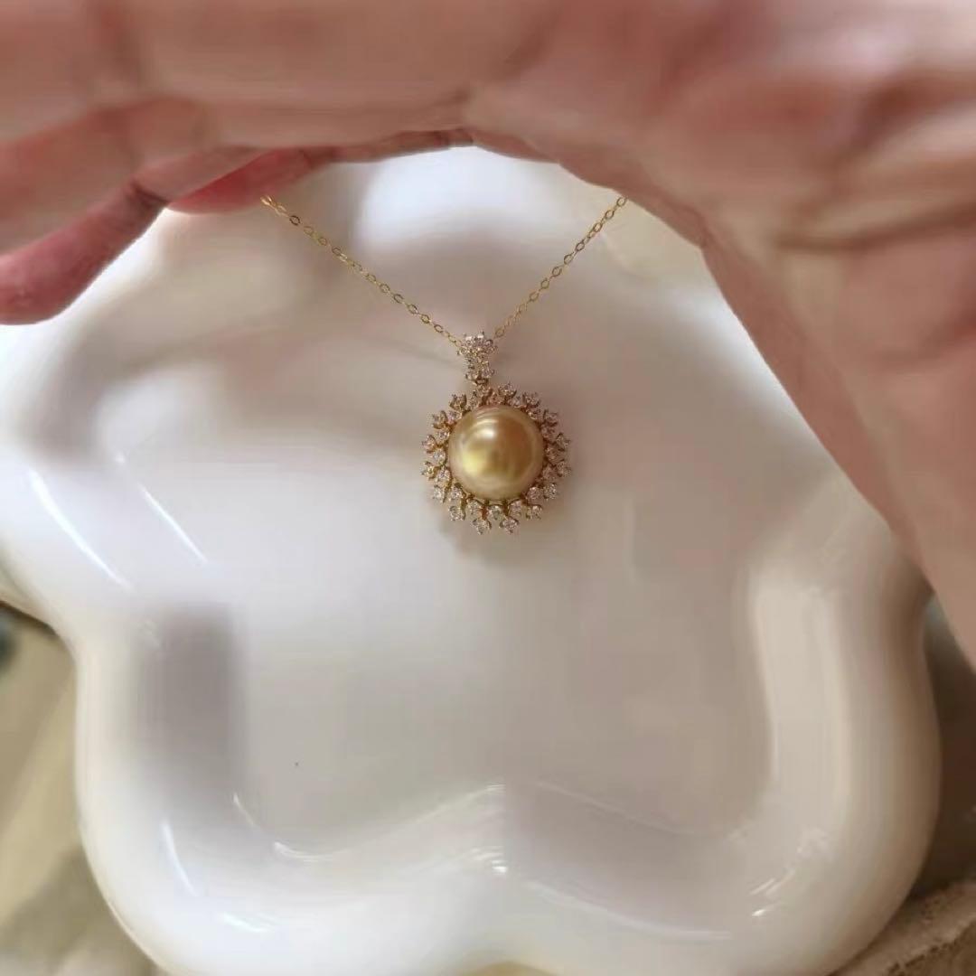 13〜14mm天然南洋ゴールドパールネックレス　上品な輝きの大粒真珠ペンダント