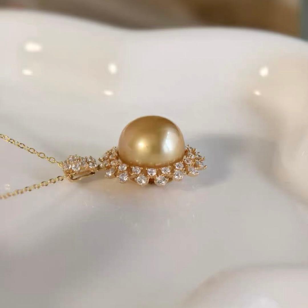13〜14mm天然南洋ゴールドパールネックレス　上品な輝きの大粒真珠ペンダント