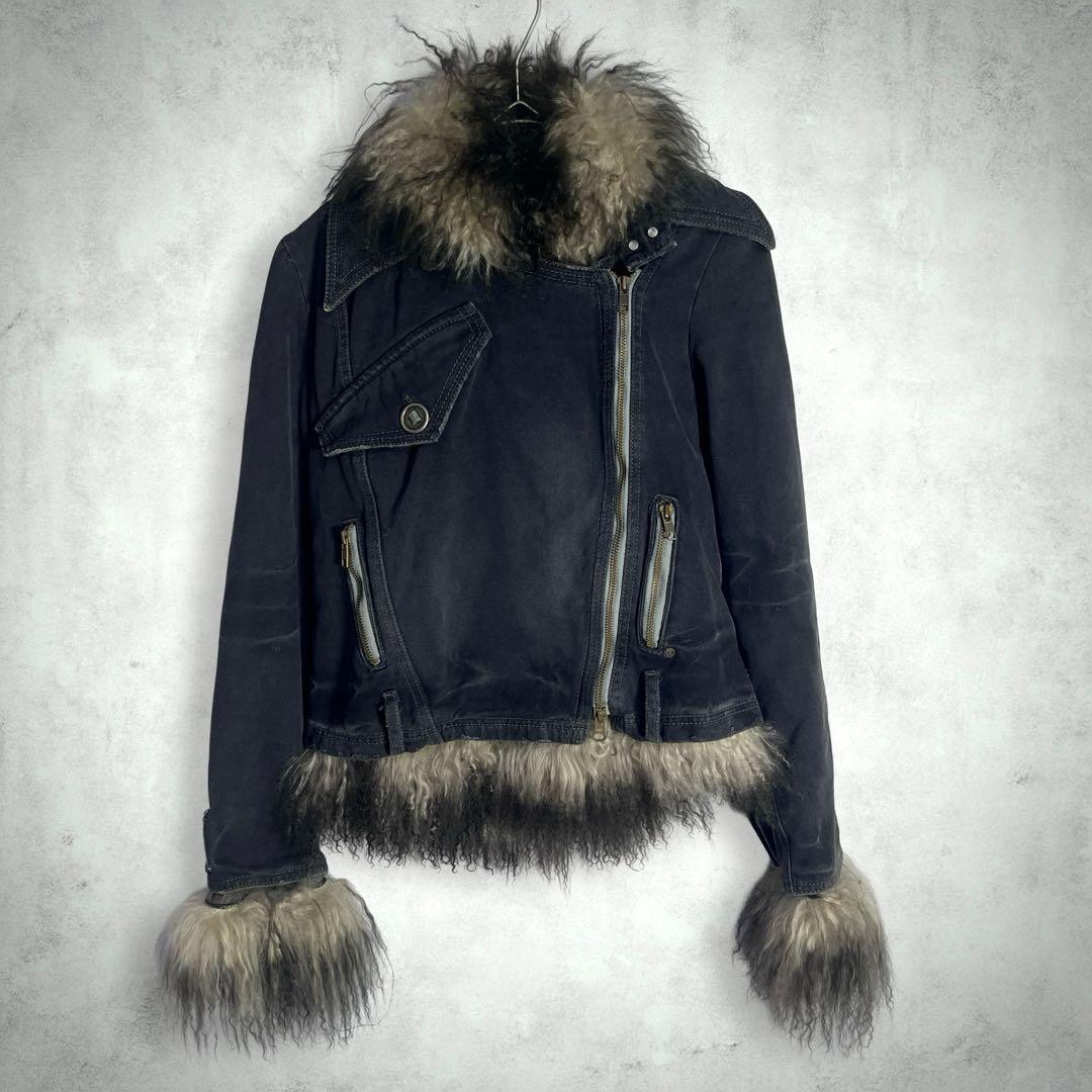 y2k 平成ギャル ラムファー フェアリーグランジ デニムライダースジャケット