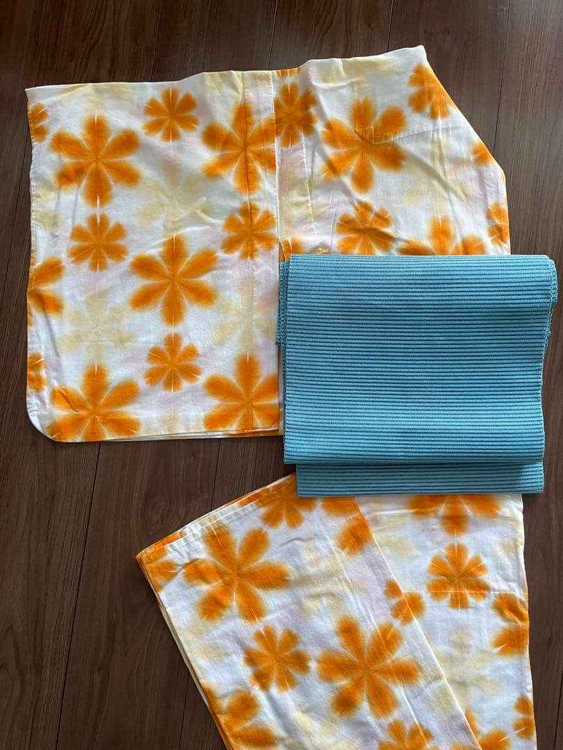 オレンジ雪花絞り 手縫い浴衣