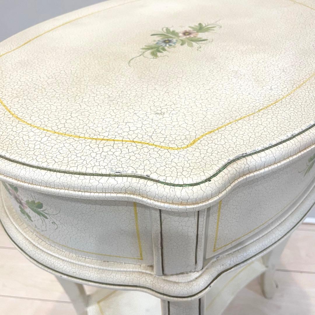 【希少】アンティーク調 フラワーペイント 猫脚サイドテーブル 引き出し付 北欧