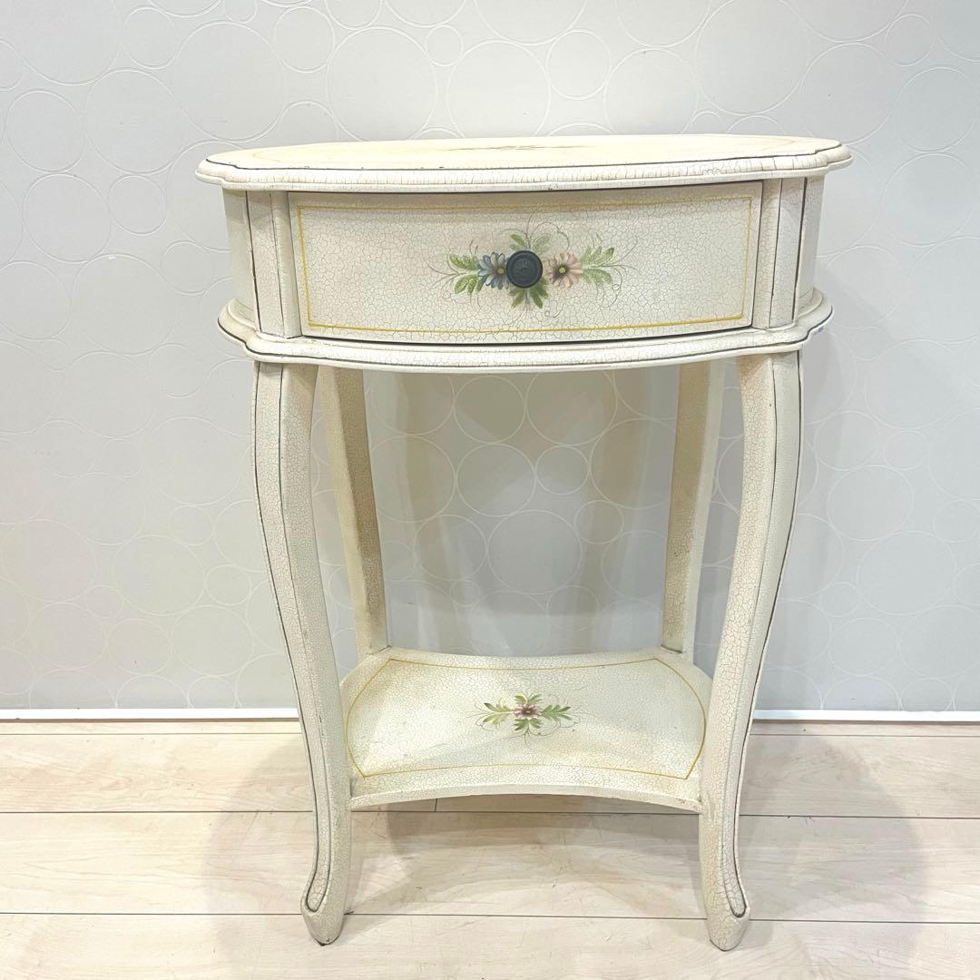 【希少】アンティーク調 フラワーペイント 猫脚サイドテーブル 引き出し付 北欧