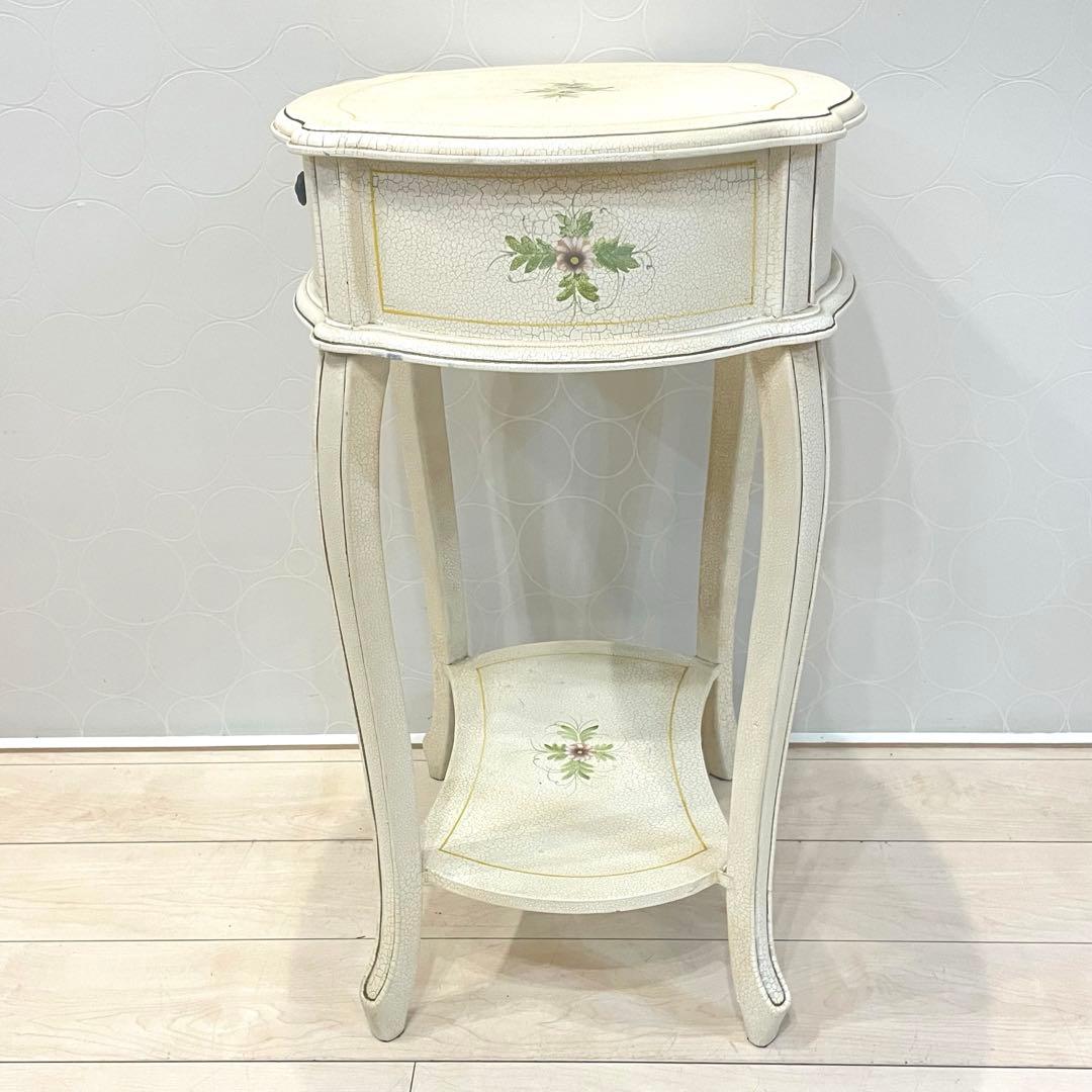【希少】アンティーク調 フラワーペイント 猫脚サイドテーブル 引き出し付 北欧