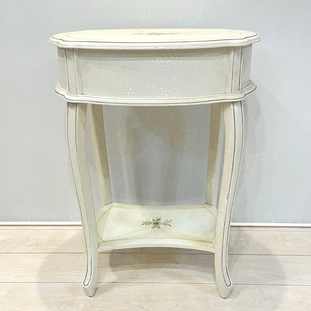 【希少】アンティーク調 フラワーペイント 猫脚サイドテーブル 引き出し付 北欧