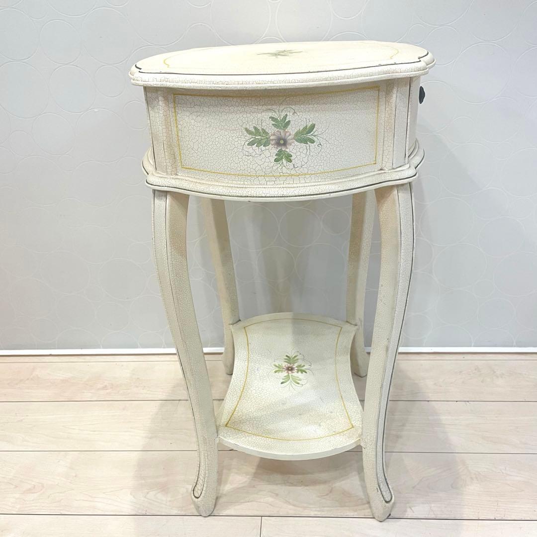 【希少】アンティーク調 フラワーペイント 猫脚サイドテーブル 引き出し付 北欧