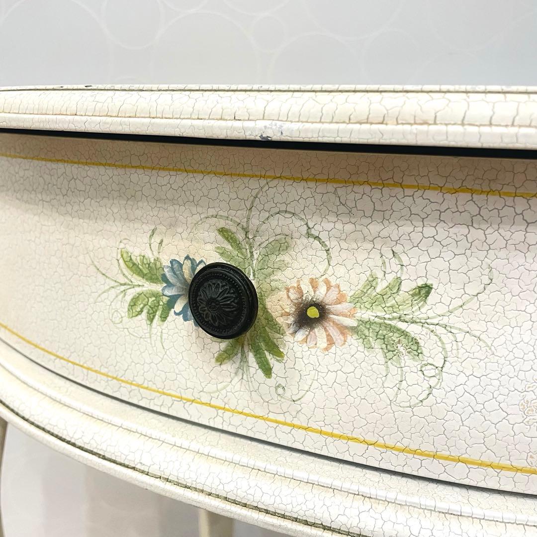 【希少】アンティーク調 フラワーペイント 猫脚サイドテーブル 引き出し付 北欧