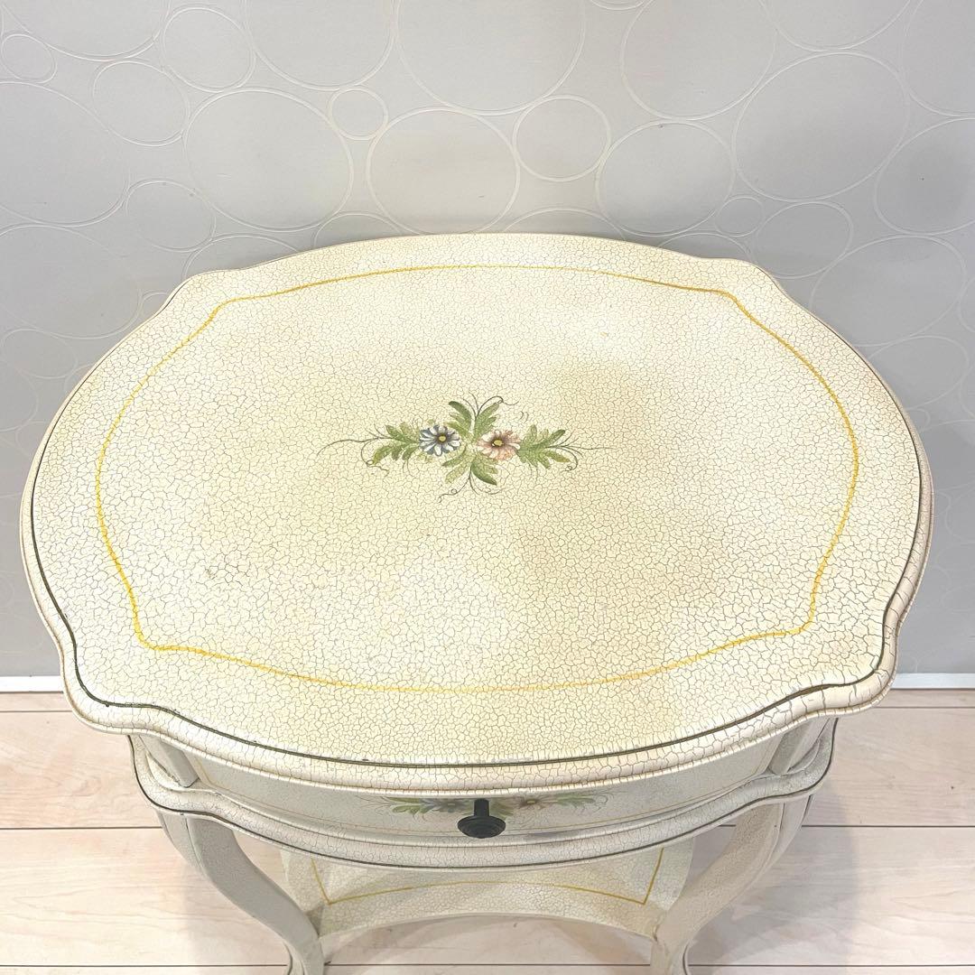 【希少】アンティーク調 フラワーペイント 猫脚サイドテーブル 引き出し付 北欧