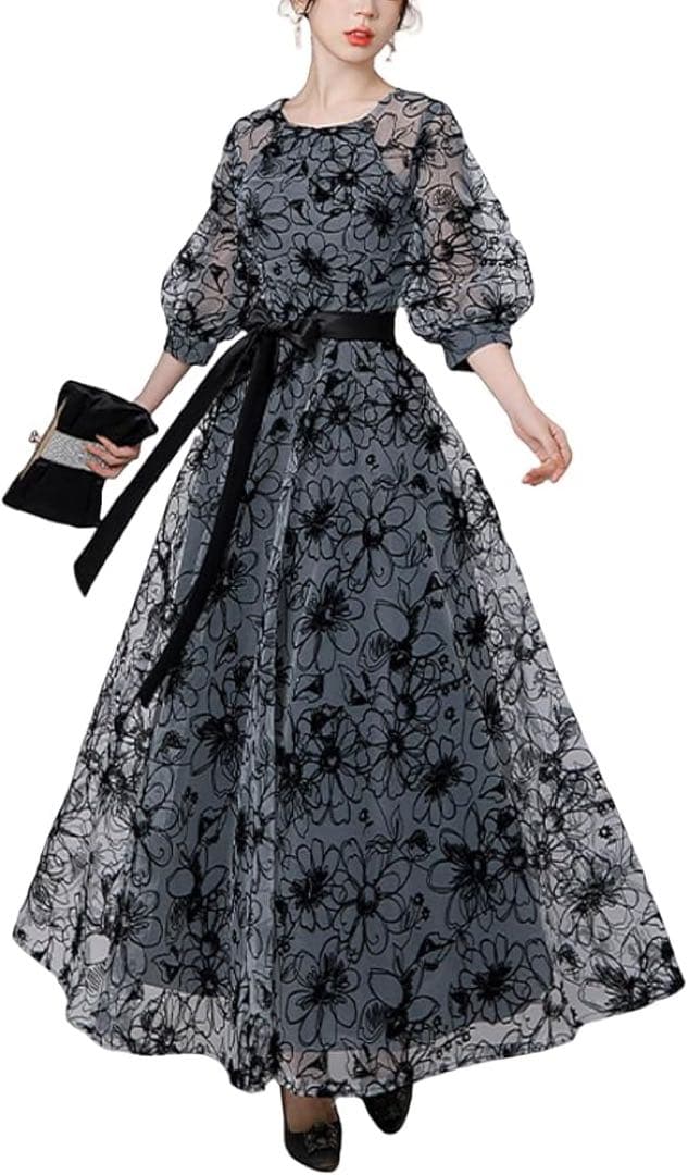 パーティードレス 花柄 裏地付き Aライン ロング丈 フォーマル 結婚式 L