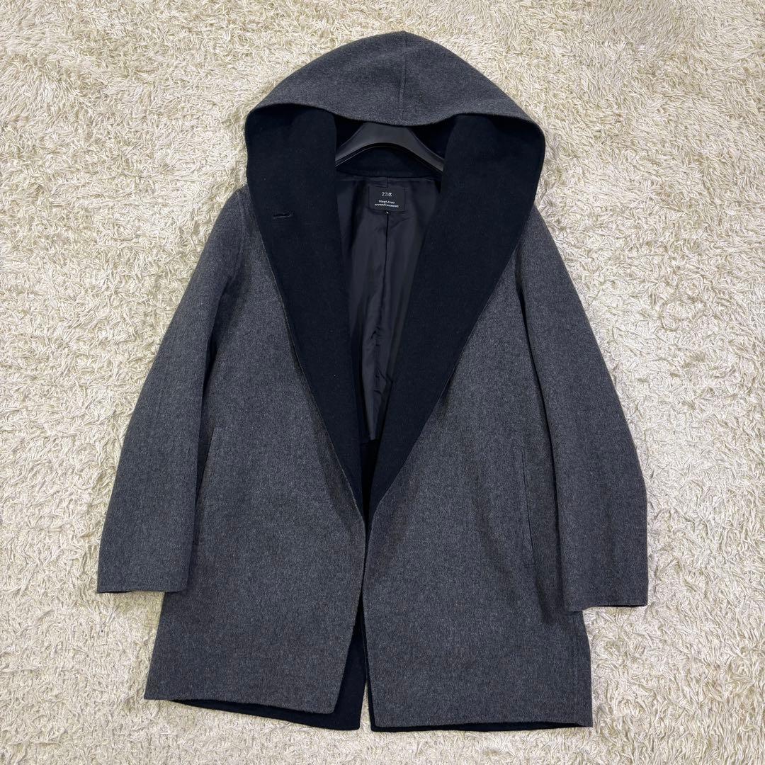美品　23区　アンゴラ ウール　ポンチョ風　フード　ミドルコート　38