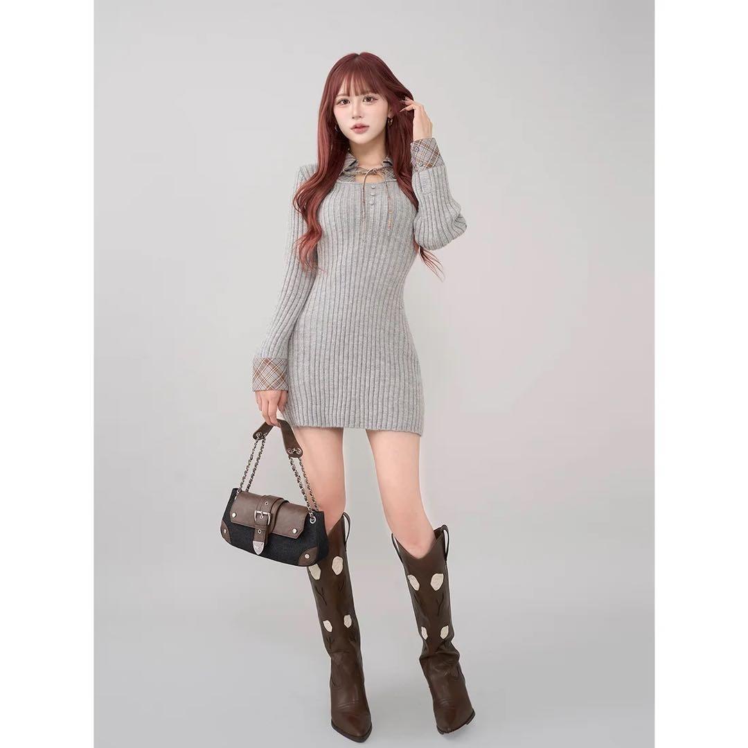 新品タグ付 ダーリッチ グレー レイヤードライクニットミニワンピース フリー