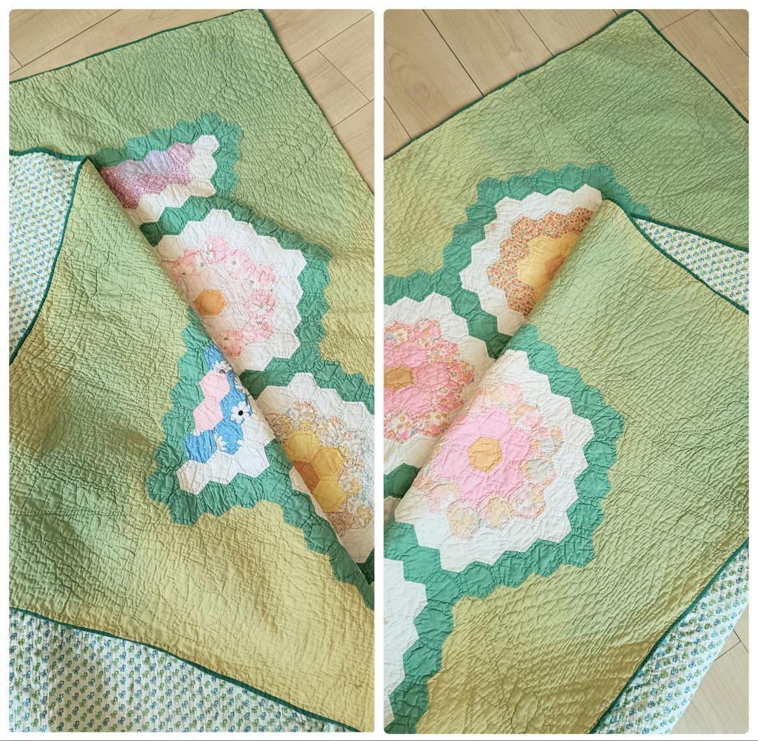 大判 ヴィンテージ パッチワークキルト ラグ マルチカバー 花柄 グリーン