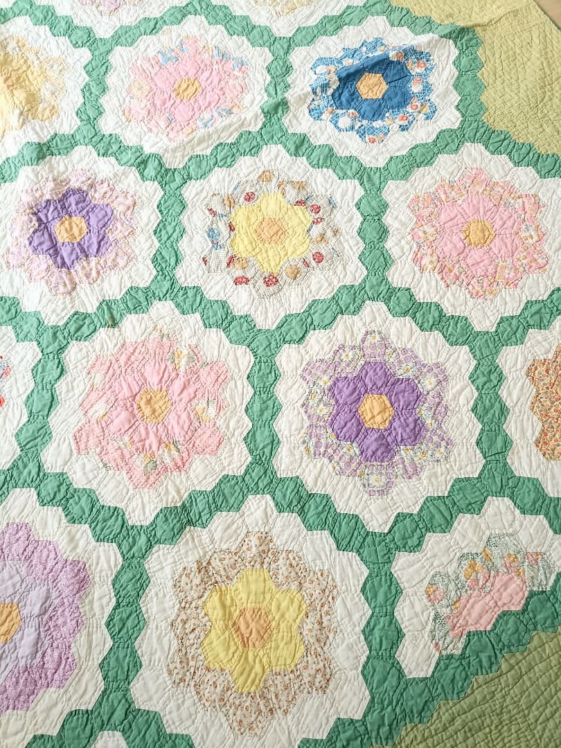 大判 ヴィンテージ パッチワークキルト ラグ マルチカバー 花柄 グリーン