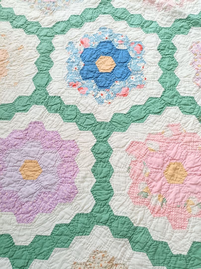 大判 ヴィンテージ パッチワークキルト ラグ マルチカバー 花柄 グリーン