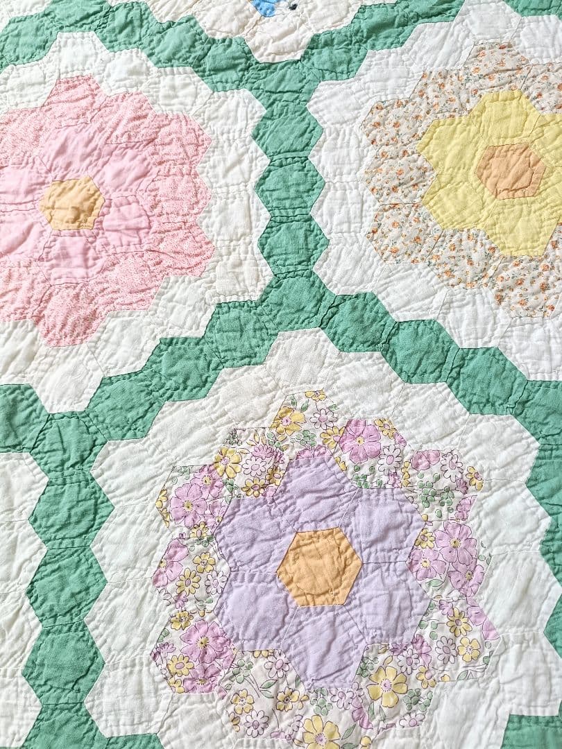 大判 ヴィンテージ パッチワークキルト ラグ マルチカバー 花柄 グリーン