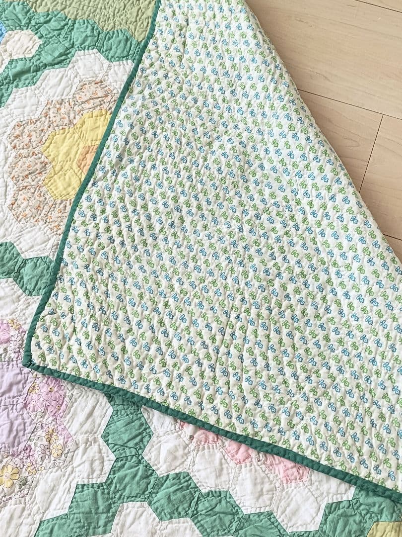 大判 ヴィンテージ パッチワークキルト ラグ マルチカバー 花柄 グリーン