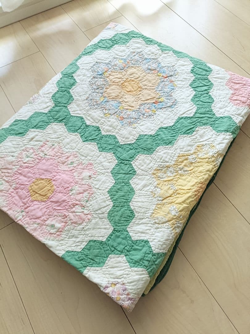大判 ヴィンテージ パッチワークキルト ラグ マルチカバー 花柄 グリーン