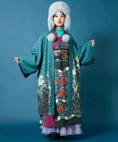 重宗玉緒　倭物やカヤ　モダンキモノワンピース　薔薇　バラ　ローズ　着物ワンピース