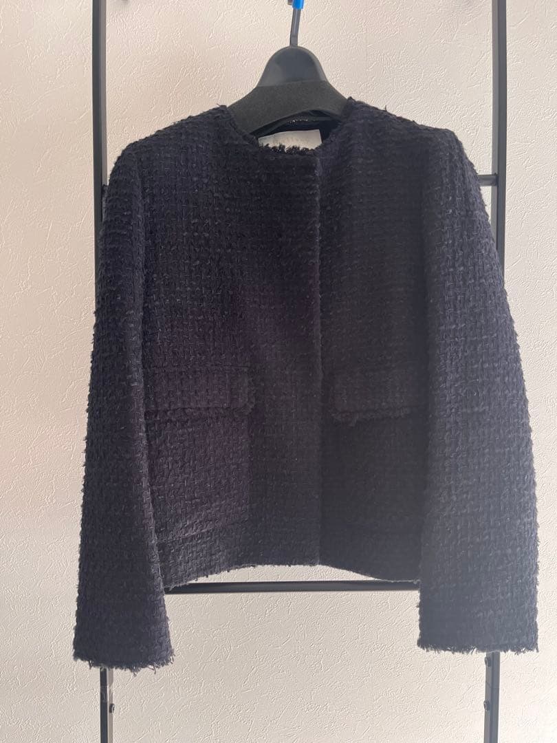 【美品】ballsey ミックスヤーンツイードノーカラージャケット　ネイビー