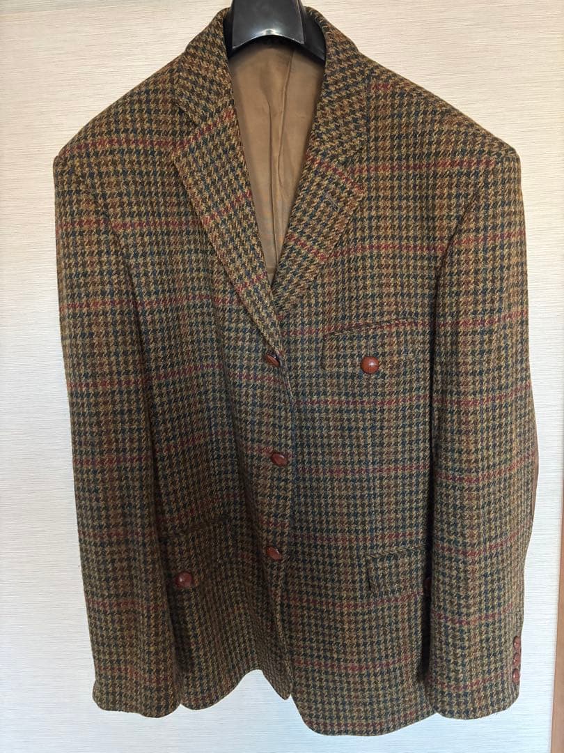 【美品】ハリスツイード ブレザー エルボーパッチ ガンクラブチェック くるみ釦