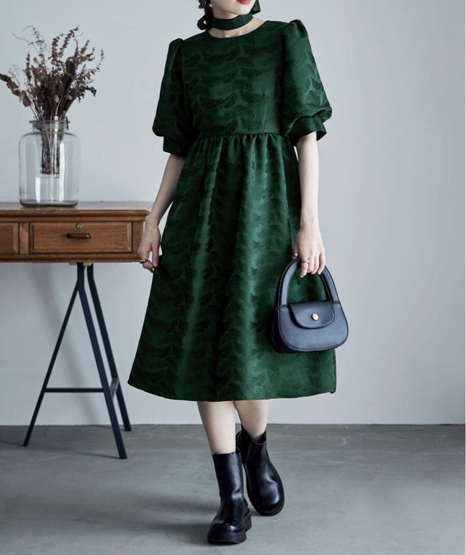 etoll. ジャガードパフスリーブドレス/グリーン