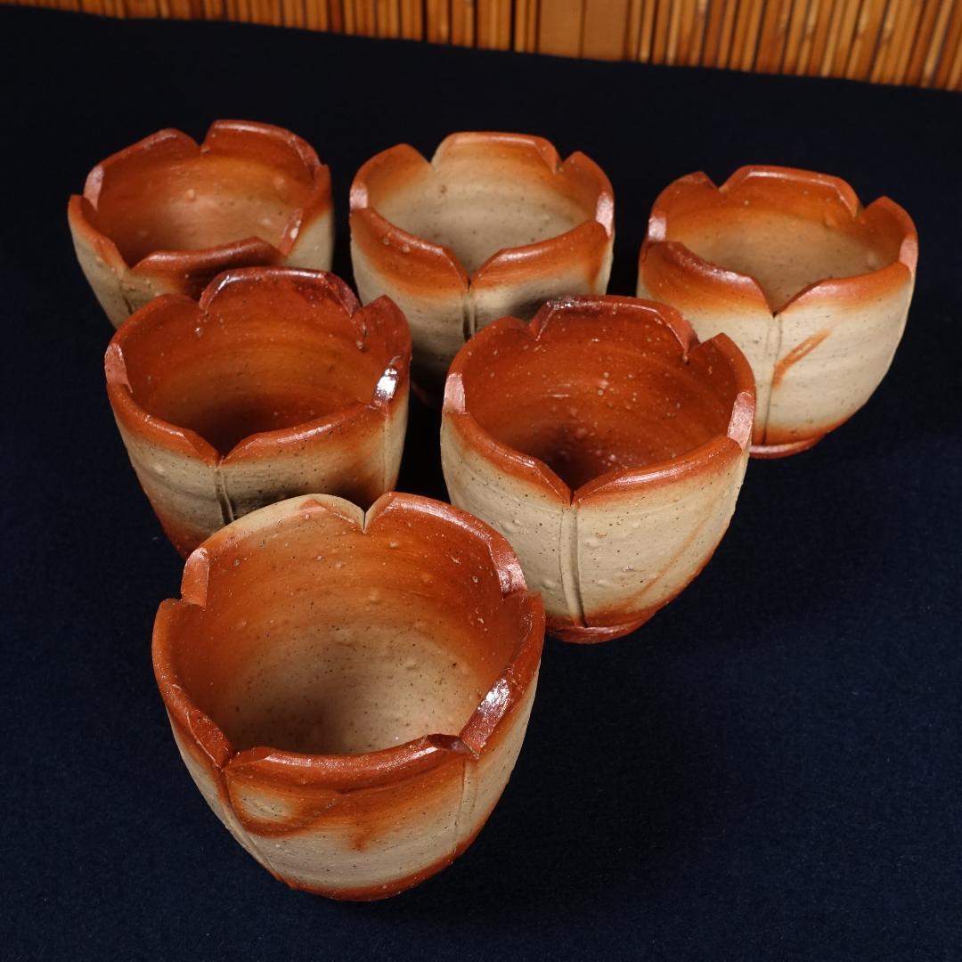 備前焼 緋襷 輪花 向付 6客 在銘 作家物