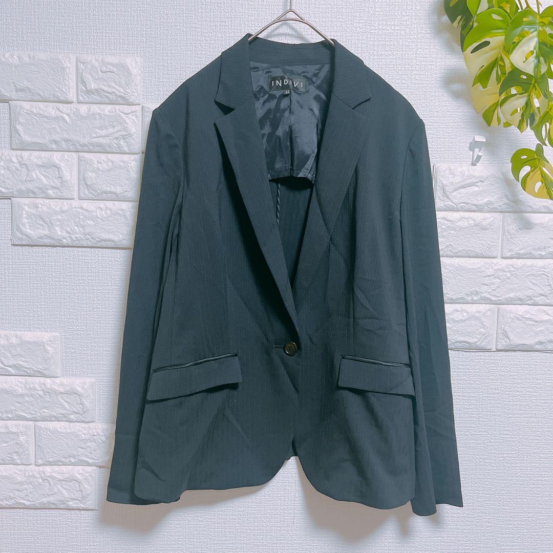 インディヴィ　セットアップ　スカート　４２　美品　黒　ストライプ　スーツ　薄手