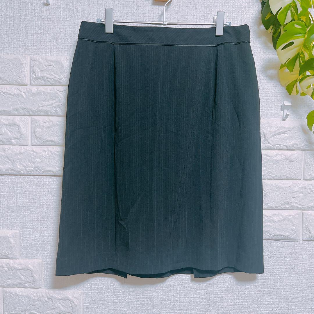 インディヴィ　セットアップ　スカート　４２　美品　黒　ストライプ　スーツ　薄手