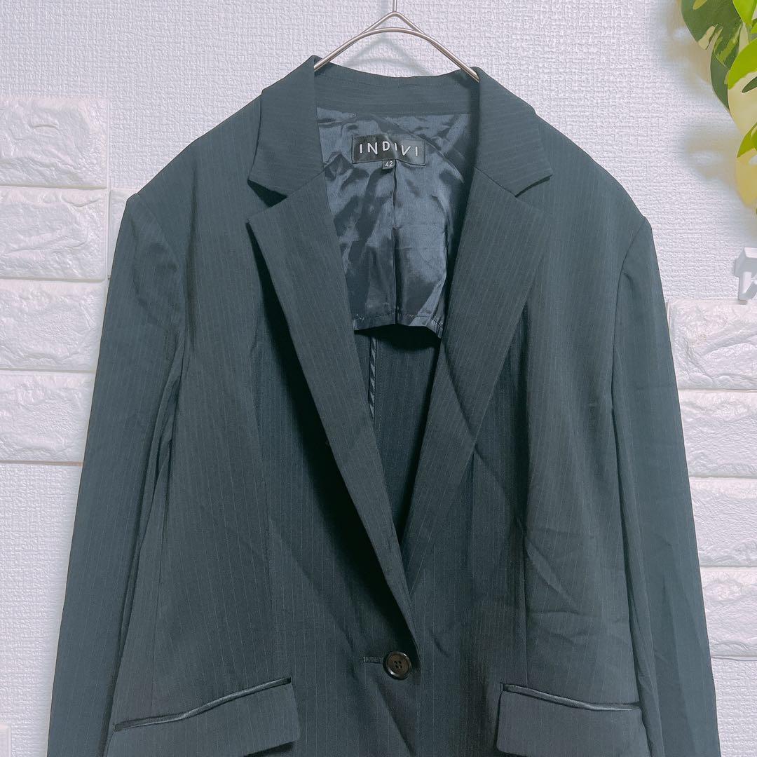 インディヴィ　セットアップ　スカート　４２　美品　黒　ストライプ　スーツ　薄手