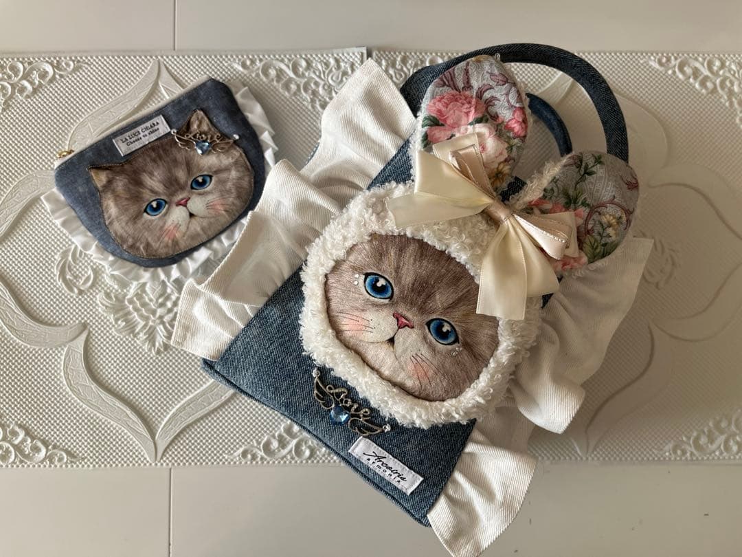 ☆*☆様 コヤンイサムチョン フリル トートバック ポーチ デニム 猫 キャット